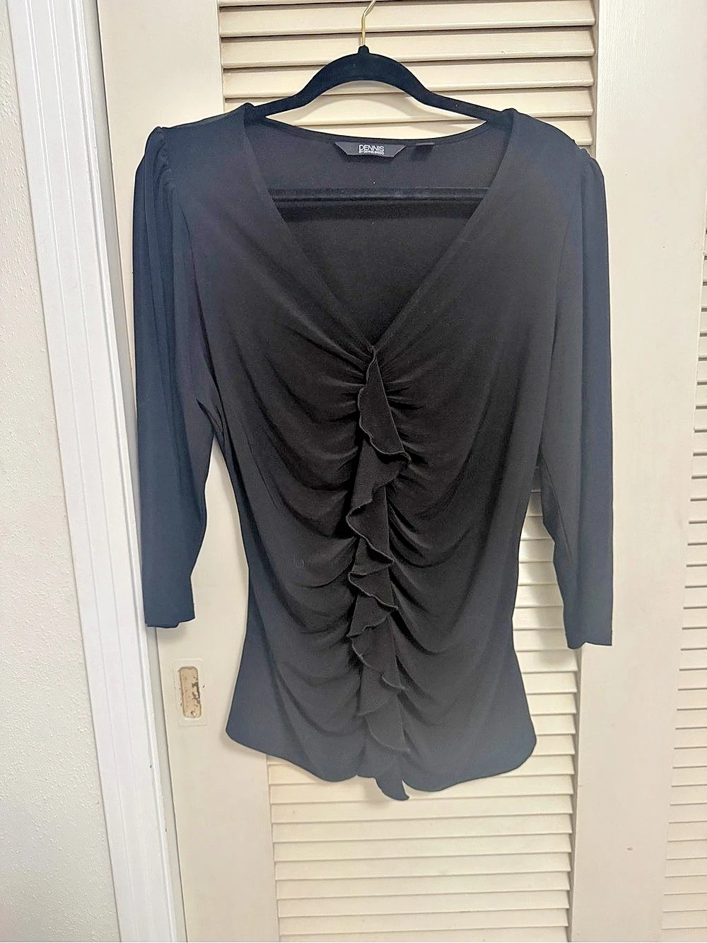 Dennis by Dennis Basso Ruched Front Blouse Black XL Like New